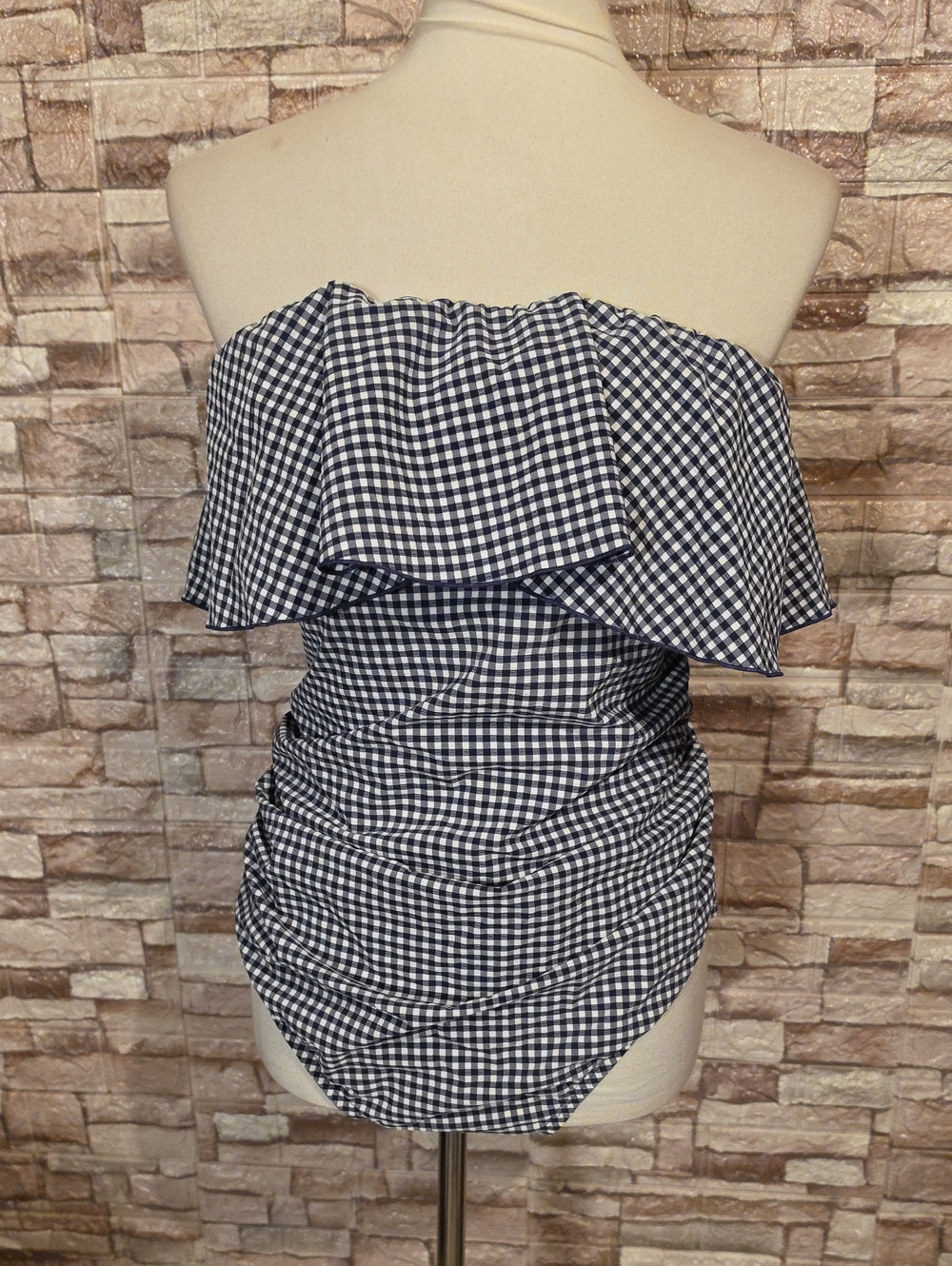 Kona Sol Blue & White Gingham Off-Shoulder Bodysuit Brand New
